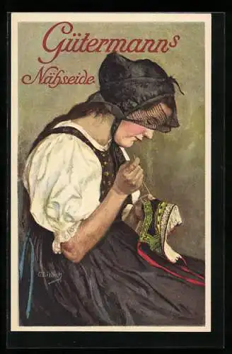 Künstler-AK Curt Liebich: Reklame für Gütermann's Nähseide, Frau in Schwarzwälder Tracht näht Taschentuch