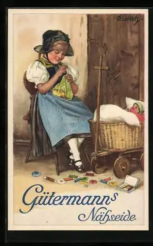 Künstler-AK C. Liebich: Mädchen in Tracht beim Nähen