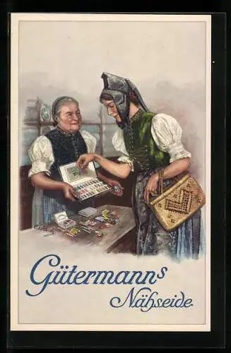 Künstler-AK Curt Liebich: Reklame für Gütermann's Nähseide, Verkaufsgespräch bei der Händlerin