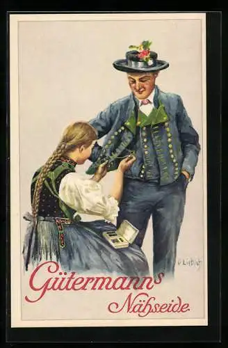 Künstler-AK Curt Liebich: Gütermanns Nähseide, Frau flickt die Jacke des Mannes