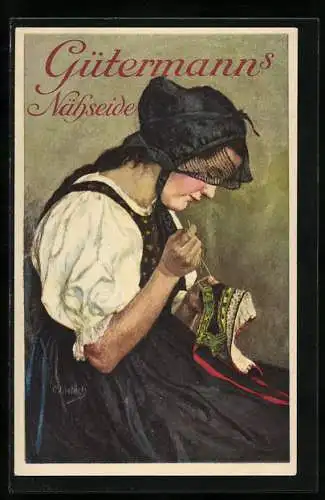 Künstler-AK Curt Liebich: Reklame für Gütermann's Nähseide, Frau in Schwarzwälder Tracht näht Taschentuch