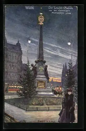Künstler-AK F. Witt: Wien, Der Leucht-Obelisk vor der ehem. Mariahilfer Linie