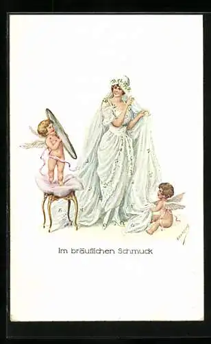 Künstler-AK Kaskeline: Im bräuflichen Schmuck, Braut mit Engeln