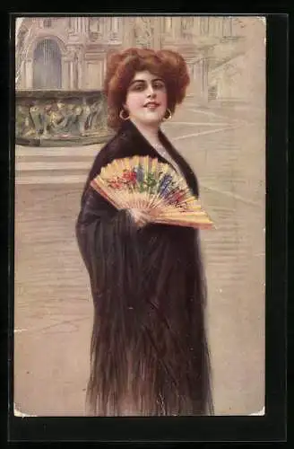 AK Frau im Kleid mit einem Fächer