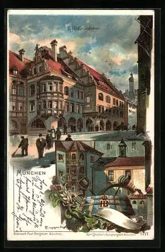 Künstler-AK Theodor Guggenberger: Münchner Hofbräuhaus, Strassenansicht, Hopfen und Malz, Gott erhalt's