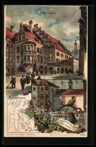 Künstler-AK Theodor Guggenberger: Münchner Hofbräuhaus, Strassenansicht, Hopfen und Malz, Gott erhalt's