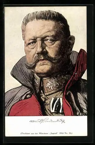 Künstler-AK Angelo Jank: Porträt Paul v. Hindenburg, Titelblatt aus der Münchner Jugend 1914