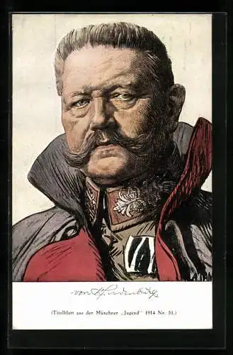 Künstler-AK Angelo Jank: Porträt Paul v. Hindenburg, Titelblatt aus der Münchner Jugend 1914