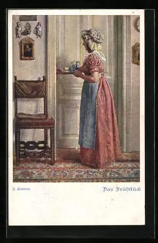 Künstler-AK Franz Kuderna, Deutscher Schulverein Nr. 854: Frau bringt ein Tablett mit Frühstück