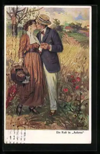 Künstler-AK Franz Doubek: Ein Kuss in Aehren, Liebespaar