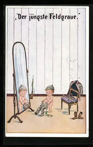 AK Kinder Kriegspropaganda, der jüngste Feldgraue, Knabe zieht Uniform vor dem Spiegel an