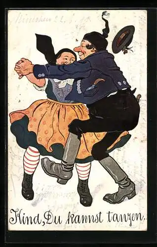 Künstler-AK Kind, Du kannst tanzen..., Paar beim wilden Volkstanz