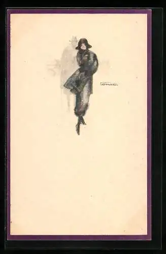 Künstler-AK sign. Lenhart: Dame in grauem Wintermantel mit Pelz