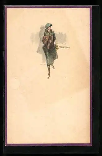 Künstler-AK sign. Lenhart: Elegante Dame mit Fuchspelz