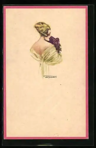 Künstler-AK sign. Lenhart: Dame in weissem Kleid mit lilafarbenem Blumenstrauss