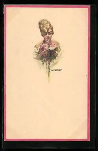 Künstler-AK sign. Lenhart: Dame mit rosafarbenem Blumenstrauss und Brief in den Händen