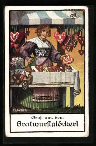 Künstler-AK Max Luber: München, Oktoberfest, Schöne Frau im Dirndl verkauft Lebkuchenherzen