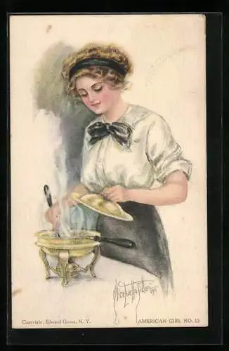 Künstler-AK Alice Luella Fidler: American Girl No. 13, Amerikanisches Mädchen beim Kochen