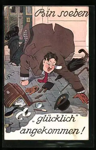 Künstler-AK P. O. Engelhard (P.O.E.): Bin soeben glücklich angekommen, Mann stürzt mit seinem Gepäck