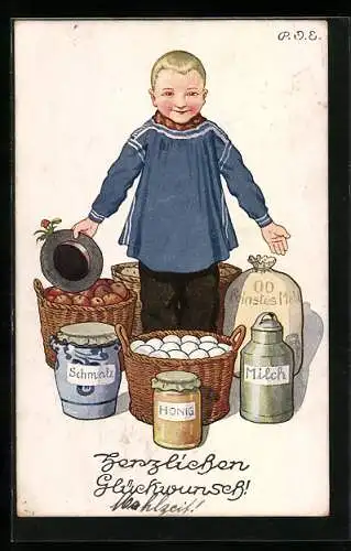 Künstler-AK P. O. Engelhard (P.O.E.): Junge verkauft Lebensmittel