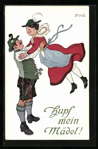 Künstler-AK P.O.Engelhard (P.O.E.): Liebespaar in Tracht beim Volkstanz