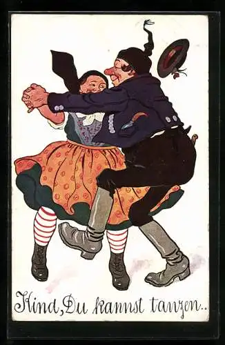 Künstler-AK Kind, Du kannst tanzen..., Paar beim wilden Volkstanz