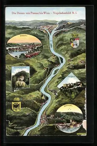 Künstler-AK Eugen Felle: Die Donau v. Passau nach Wien, Vogelschaubild N. I.