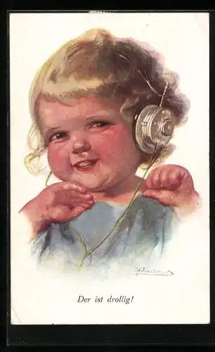 Künstler-AK Wally Fialkowska: Der ist drollig, Kleinkind mit Kopfhörern