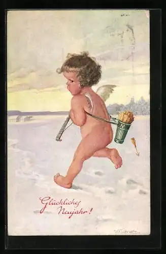 Künstler-AK Wally Fialkowska: Amor rennt nackt durch den Schnee