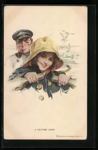 Künstler-AK Harrison Fisher: Mädchen mit Südwester rudert das Boot