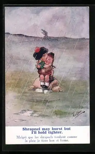 Künstler-AK T. Gilson: Shrapnel may burst but I`ll hold tighter, Schottisches Pärchen im Regen