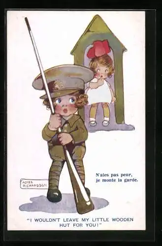 Künstler-AK Agnes Richardson: Soldatenjunge bewacht Mädchen