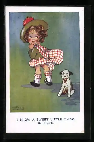Künstler-AK Agnes Richardson: I know a sweet little thing in kilts!, Schottisches Kind mit Hund