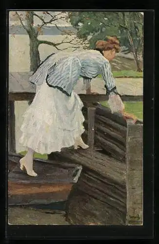 Künstler-AK Edward Cucuel: Landungsplatz, Dame steigt aus dem Ruderboot