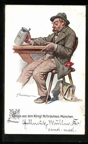 Künstler-AK Fritz Quidenus: München, Gasthaus Königliches Hofbräuhaus, Mann mit Bierkrug