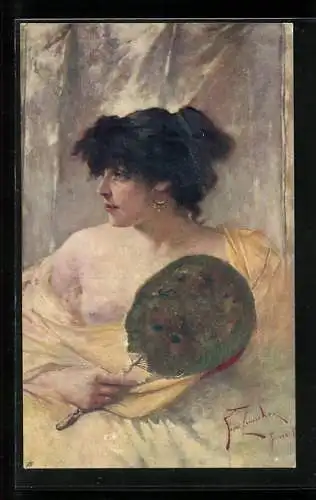 Künstler-AK Frau mit nackter Brust hält einen Fächer