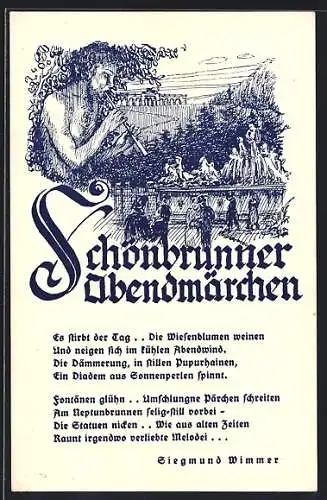 Künstler-AK Wien, Schönbrunner Abendmärchen, Brunnen und Faun mit Flöte