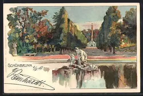 Lithographie Wien-Schönbrunn, Park mit Brunnen und Denkmal