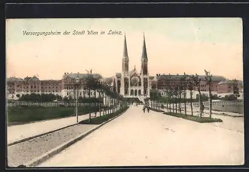 AK Wien, Lainz, Versorgungsheim mit Kirche und Strassenpartie