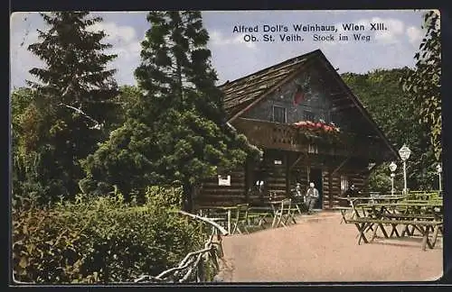 AK Wien, Ob.-St. Veith, Alfred Doll`s Weingasthaus, Stock im Weg