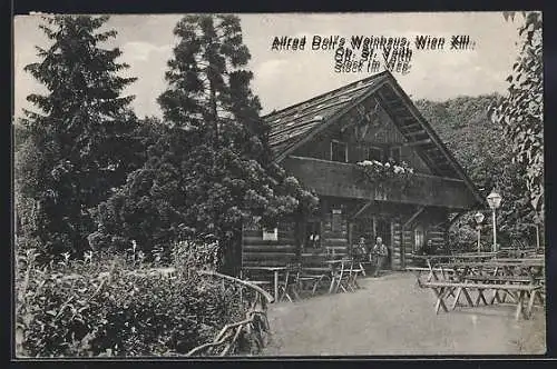 AK Wien, Ob.-St. Veit, Alfred Doll`s Weingasthaus, Stock im Weg