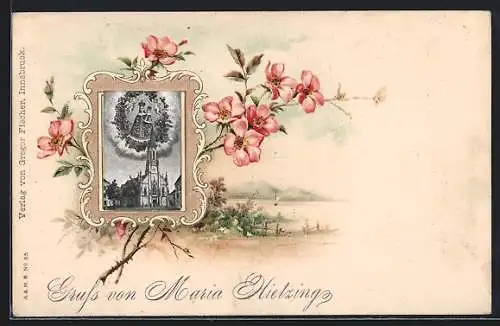 Lithographie Wien, Kirche Maria Hietzing und Gnadenbild, Panorama