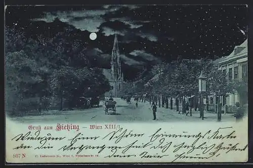 Mondschein-AK Wien, Hietzing, Strassenpartie mit Blick zur Kirche
