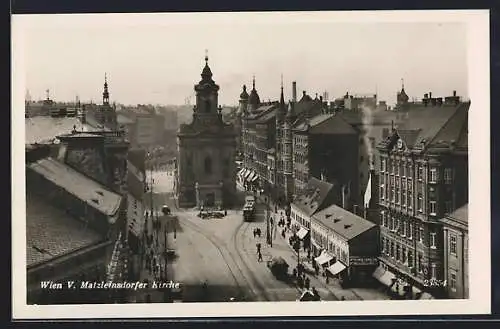 AK Wien, Strassenpartie an der Matzleinsdorfer Kirche mit Strassenbahn