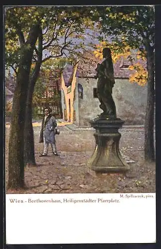 Künstler-AK Wien, Beethovenhaus am Heiligenstädter Pfarrplatz, mit Denkmal