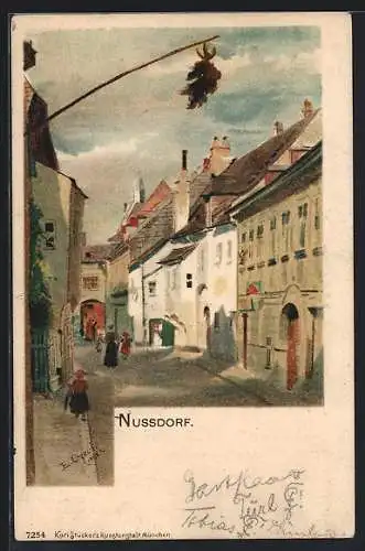 Lithographie Nussdorf, Strassenpartie mit Fussgängern