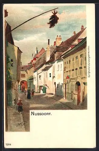 Lithographie Nussdorf, Strassenpartie mit Fussgängern