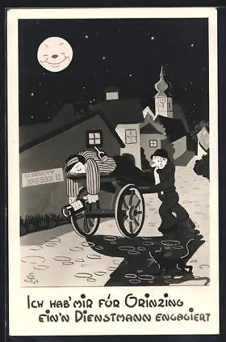 Künstler-AK Wien, Grinzing, Transport eines betrunkenen Dienstmannes, Karikatur