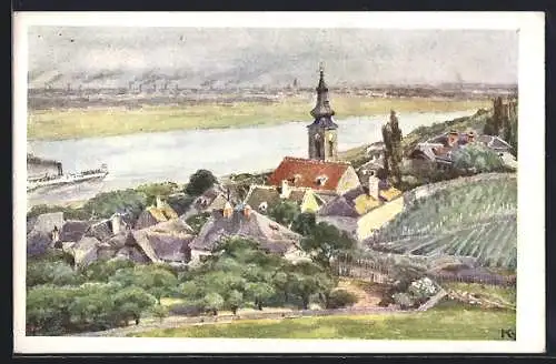 Künstler-AK Brüder Kohn (B.K.W.I) Nr.: 793-11, Wien, Kahlenbergerdorf, Blick über den Ort mit Donau