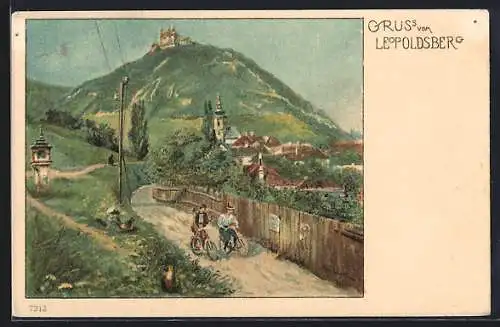 Lithographie Wien, Strassenpartie mit Blick zum Leopoldsberg